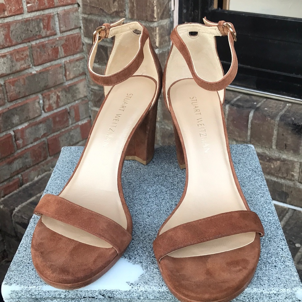 🚨B2G1 STUART WEITZMAN Toffee Tan Leather Block Like Heeled Ankle Strap Sandals